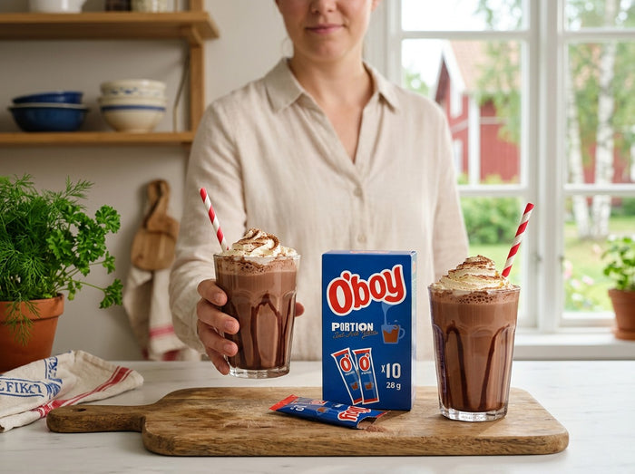 A cup of O'boy Swedish hot chocolate prepared from a water-soluble sachet, served warm