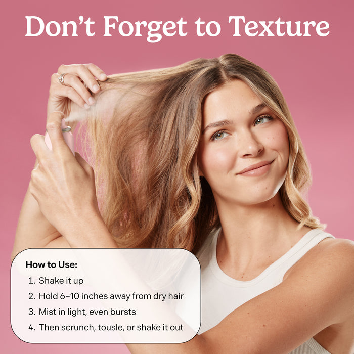 Woman with styled hair against a pink background with text on how to texture hair.