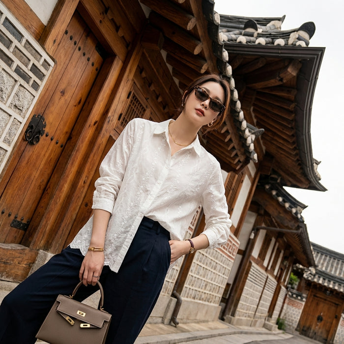 Chemise femme brodée florale, col pointu - Koreanxwear