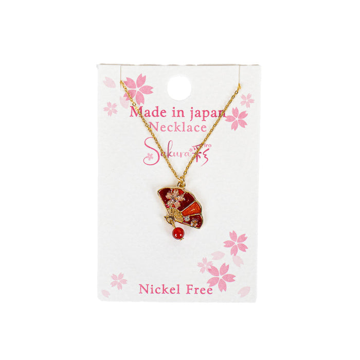 Japanese Pendant Necklace – Red Sensu Fan & Sakura Blossom
