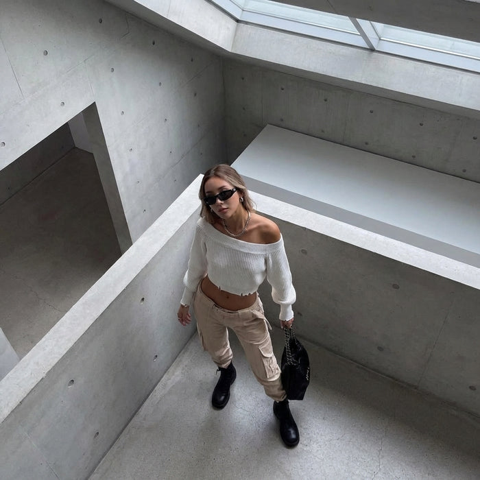 Top en maille blanc épaules dénudées pour femme - Mode K-fashion Koreanxwear