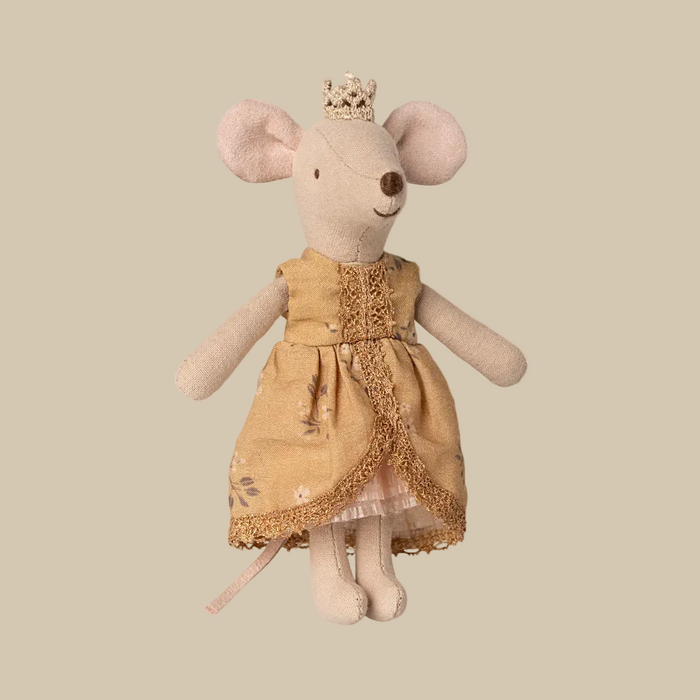 Stuffed mouse toy wearing a yellow dress and crown on a white background