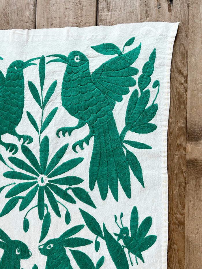 Mexican embroidered Otomi table runner folk art emerald green