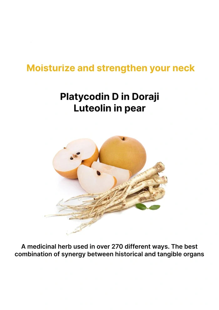 Pear, roots, and text about Platycodon D in Doraji Luteolin on a white background