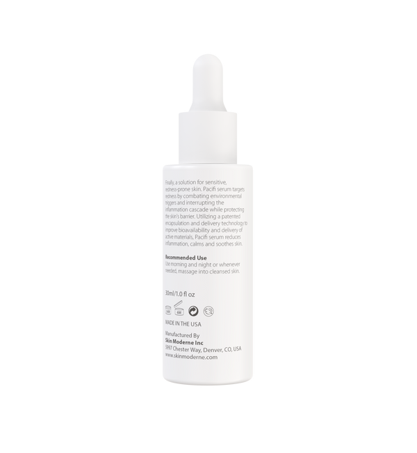 Back view of a white dropper bottle labeled Pacifi | Skin Moderne, a skincare serum designed for sensitive, redness-prone skin to reduce inflammation and soothe with advanced delivery technology.