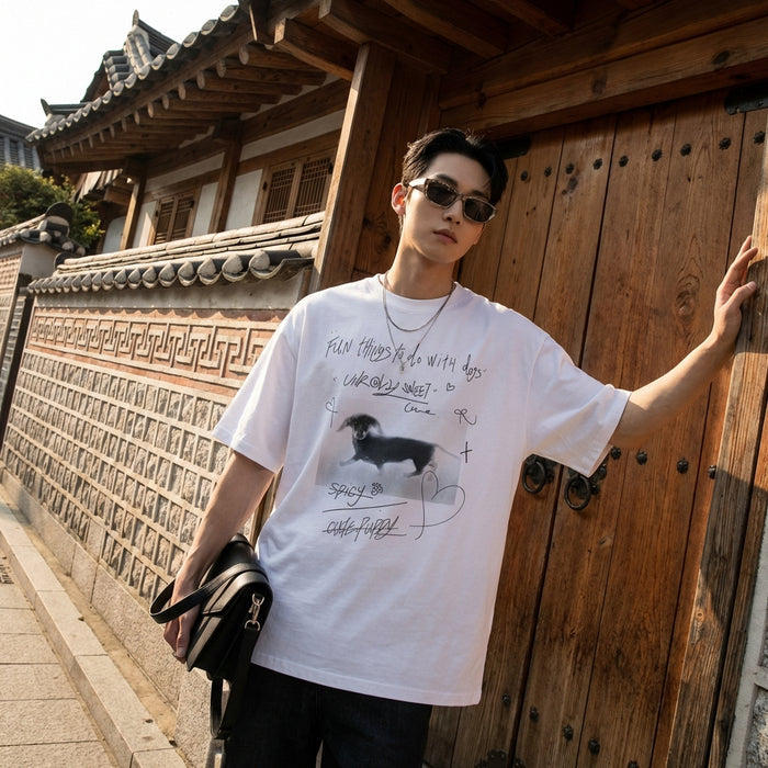 T-shirt oversize blanc avec imprimé, style streetwear K-fashion décontracté. Idéal pour l'été.