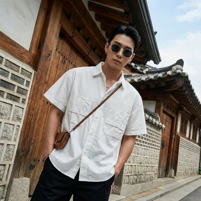 Chemise workwear décontractée homme manches courtes poches - Koreanxwear