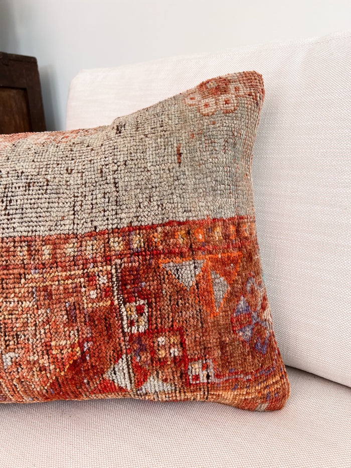 Handmade Turkish oushak pillow cover made with vintage rugs 16x24 red and blue