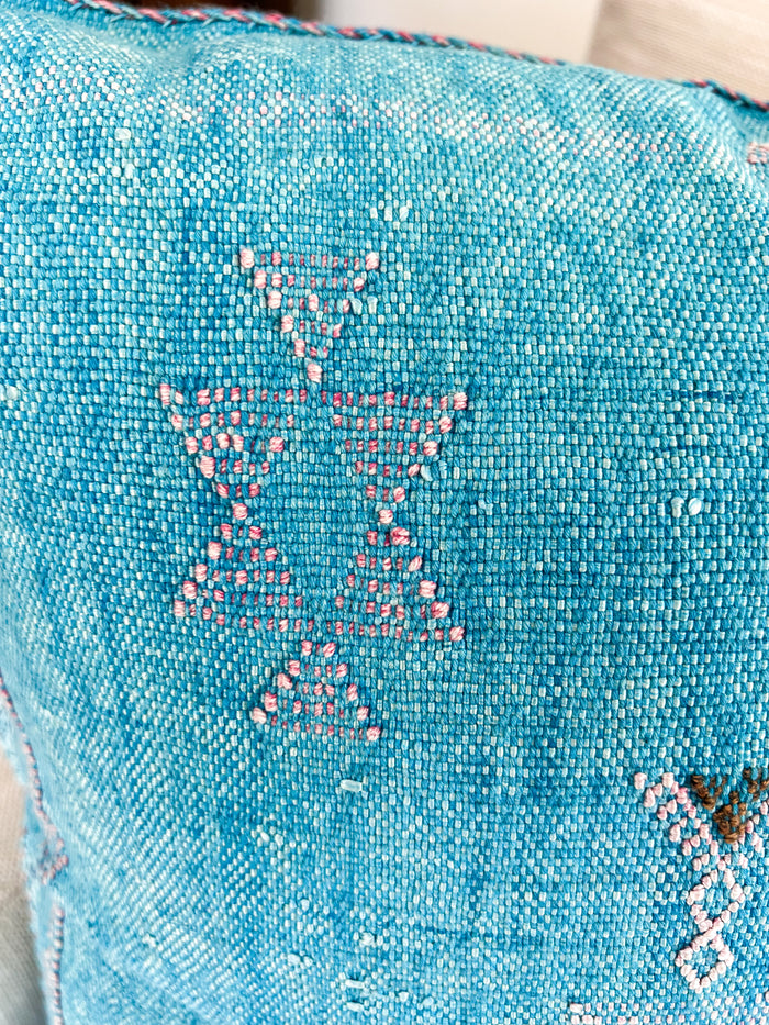 Artisanal Handmade Moroccan embroidered cactus silk sabra pillow bright turquoise blue handwoven