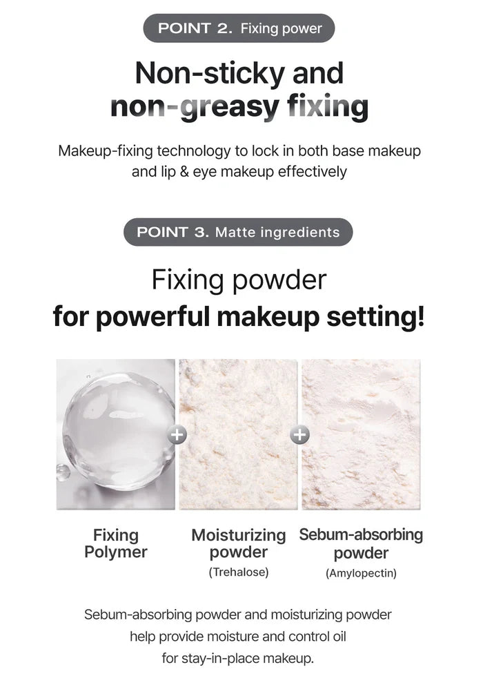 Advertisement for fixing powder with text and images of ingredients on a white background