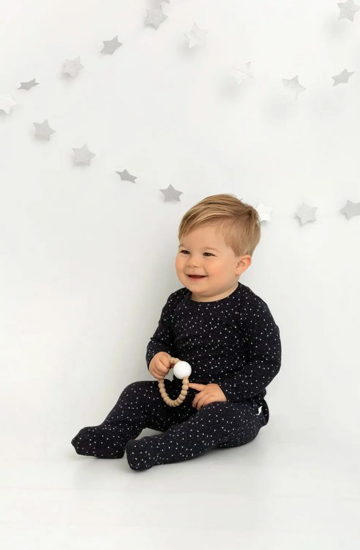 Star Print Footie+Bonnet-Dark Navy