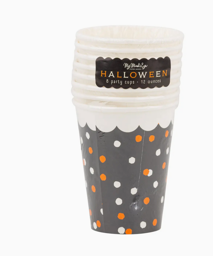 Set of Halloween-themed party cups with polka dot design on a white background