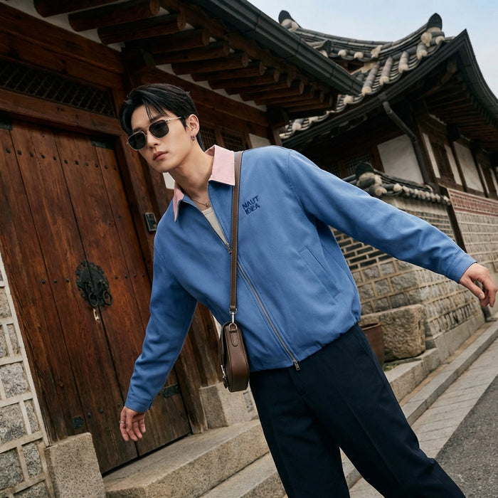Veste homme bicolore décontractée grise et bleue - Mode Coréenne K-fashion