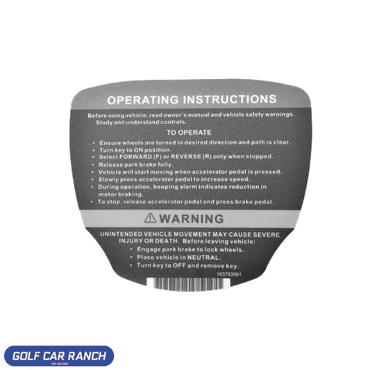 103783001 DECAL OP INSTR ELE CLUB CAR REPAIR PART
