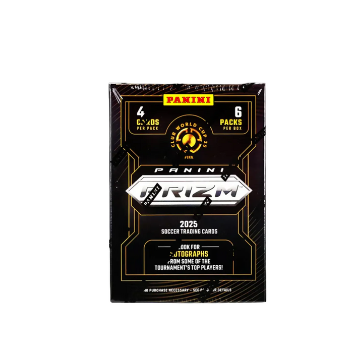 Panini Prizm 2025 Soccer Trading Cards packaging on a gray background