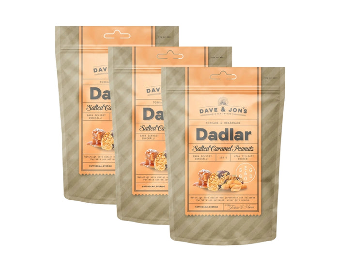 3 x Dave & Jon's Dadlar Salted Caramel Peanuts 125g (4.40 oz) – Natural Swedish Date Snack with Peanuts