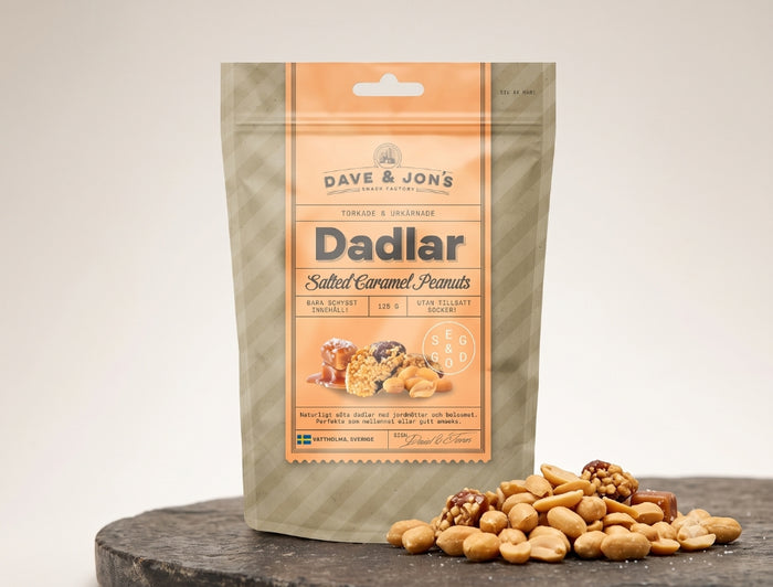 3 x Dave & Jon's Dadlar Salted Caramel Peanuts 125g (4.40 oz) – Natural Swedish Date Snack with Peanuts
