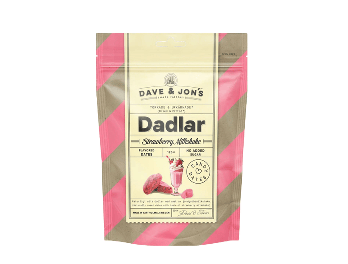 4 x Dave & Jon's Dadlar Strawberry Milkshake 125g (4.40 oz) – Natural Swedish Date Snack – Vegan & No Added Sugar