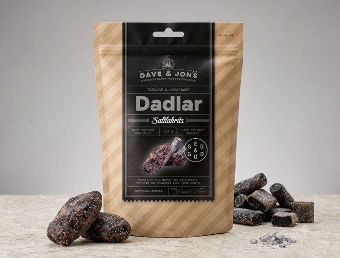 5 x Dave & Jon's Dadlar Saltlakrits 125g (4.40 oz) – Swedish Salted Licorice Dates
