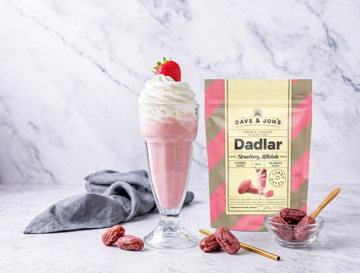 5 x Dave & Jon's Dadlar Strawberry Milkshake 125g (4.40 oz) – Natural Swedish Date Snack – Vegan & No Added Sugar