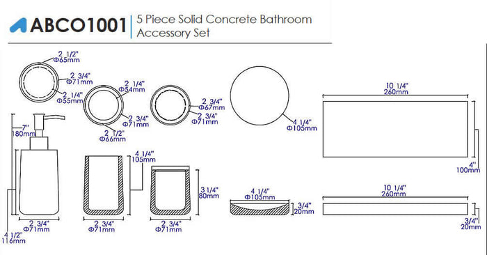 ABCO1001 5-Piece Solid Concrete Gray Matte Bathroom Accessory Set - Alfi brand