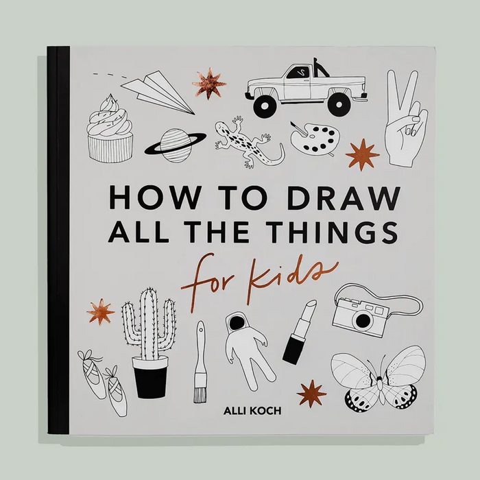 A cover of a how-to draw book for kids, featuring various playful illustrations of everyday items.