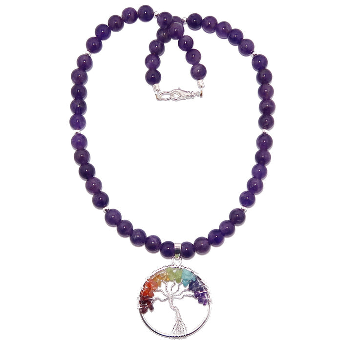 chakra stone tree of life wire wrapped pendant on beaded amethyst necklace