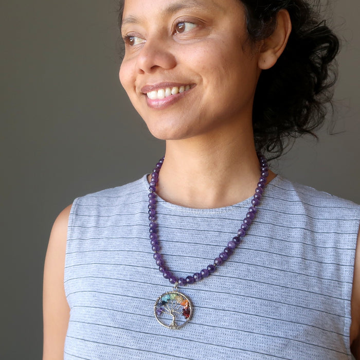 Sheila of Satin Crystals wearing a chakra stone tree of life wire wrapped pendants on beaded amethyst necklace
