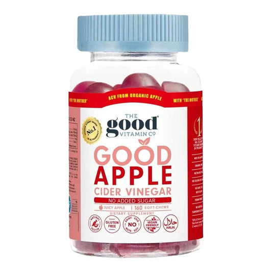 Bottle of 'Good Apple' cider vinegar soft gummies with a red label and blue cap on a white background.