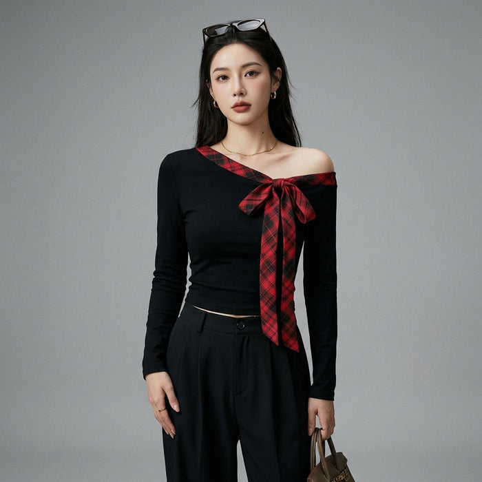 Top asymétrique noir avec nœud sur l'épaule - Mode Coréenne Chic - Taille S