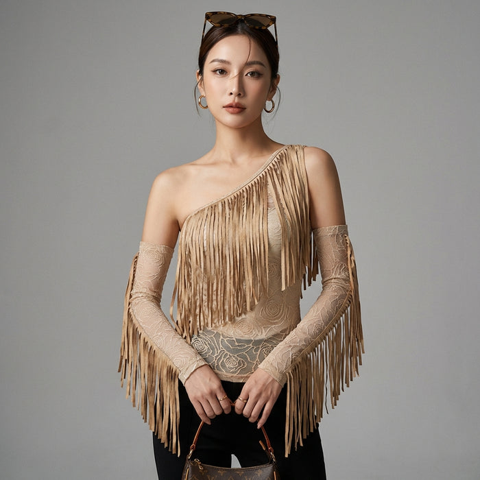 Top asymétrique épaule dénudée Khaki - Mode Coréenne Koreanxwear - Taille S