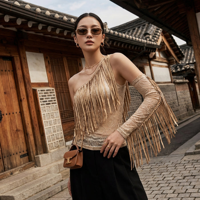 Top asymétrique épaule dénudée Khaki - Mode Coréenne Koreanxwear