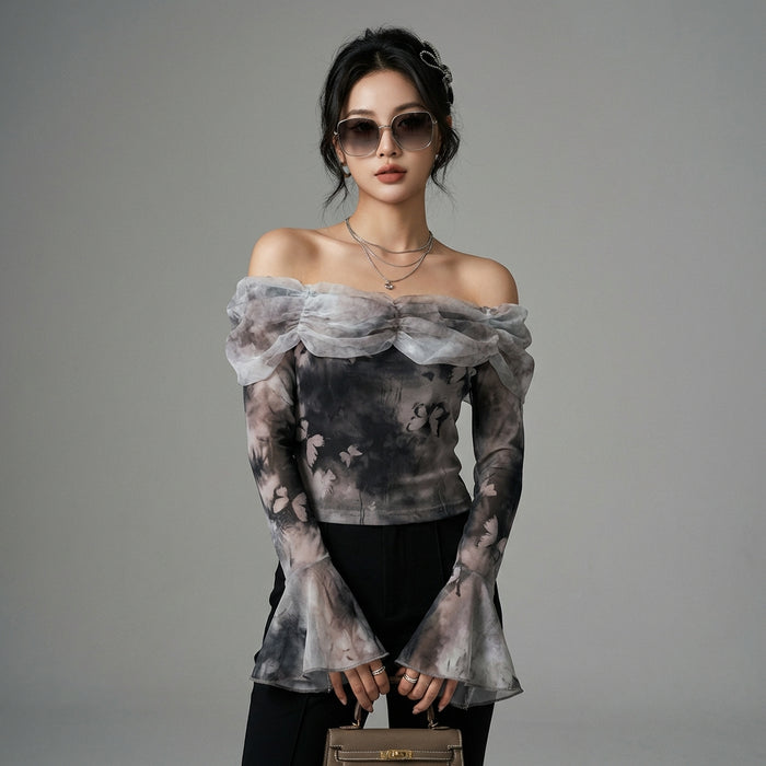 Top asymétrique en mesh avec manches évasées - K-fashion femme - Taille One Size