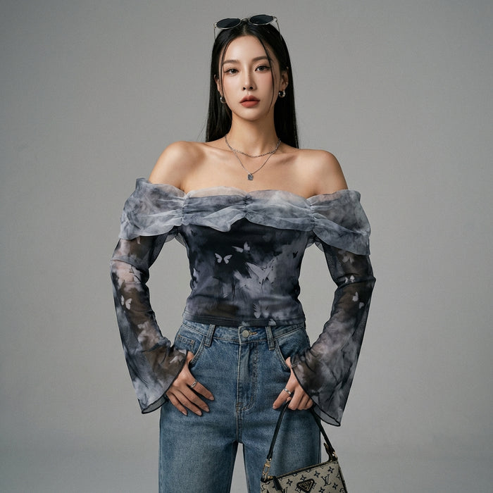 Top asymétrique en mesh avec manches évasées - K-fashion femme - Taille One Size