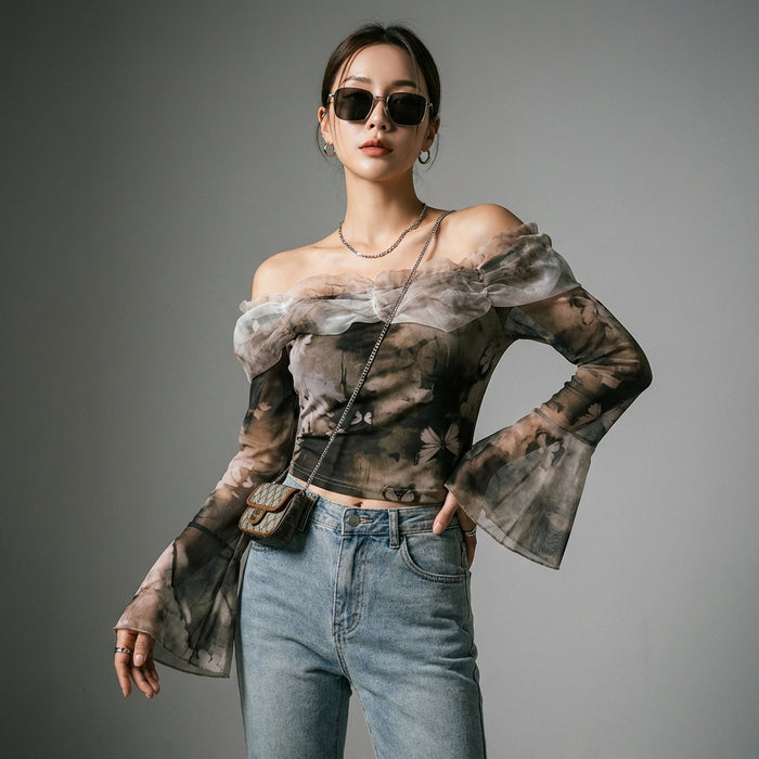 Top asymétrique en mesh avec manches évasées - K-fashion femme - Taille One Size