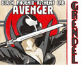 Character with a sword labeled 'Avenger' from 'Black Phoenix Alchemy Lab' on a beige background.