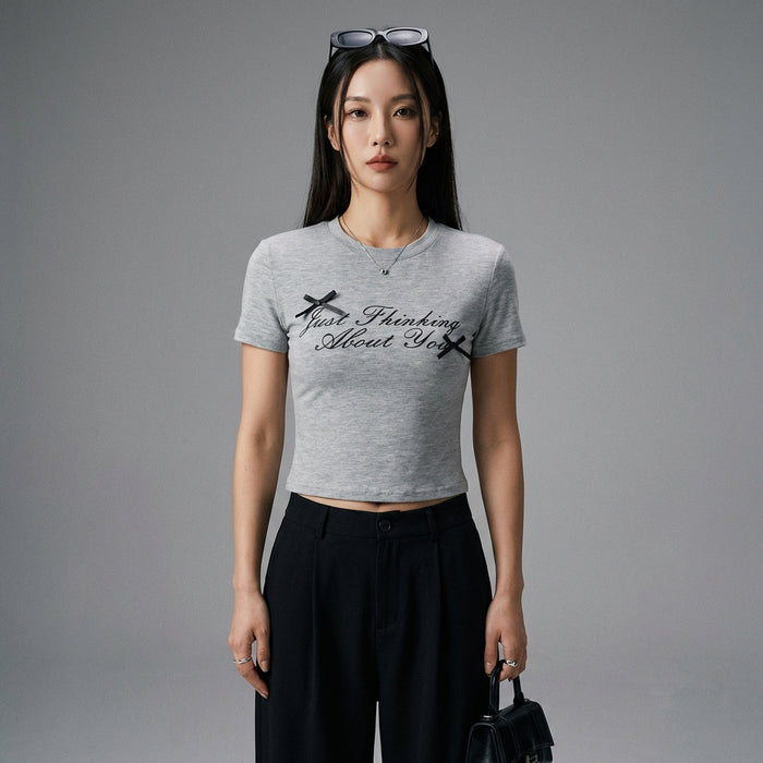 T-shirt gris col rond imprimé pour femme - Koreanxwear - Taille S