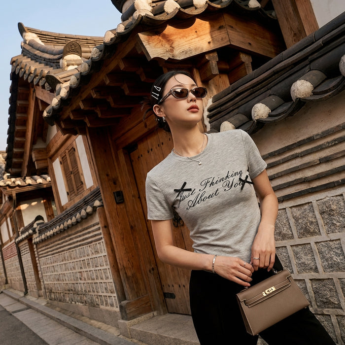 T-shirt gris col rond imprimé pour femme - Koreanxwear