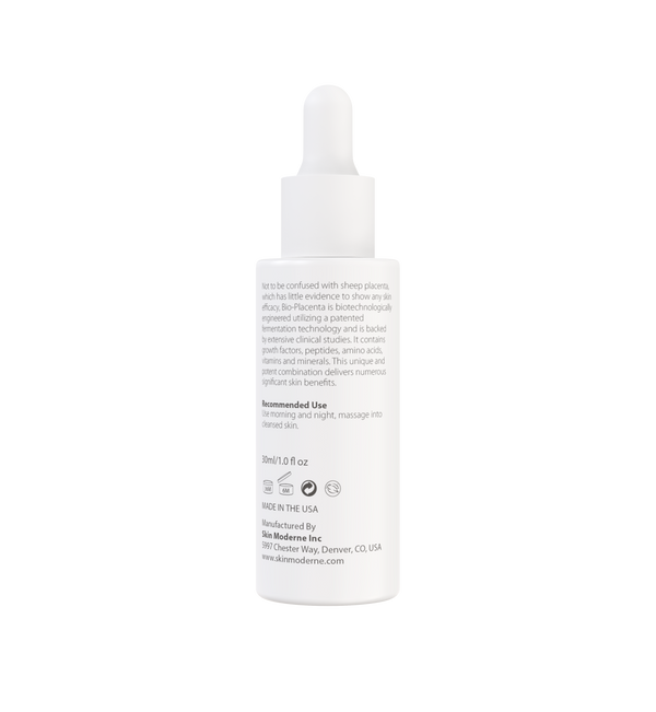 Back view of a white dropper bottle labeled Bio-Placenta ++ | Skin Moderne, containing skincare serum with detailed usage instructions and product information.