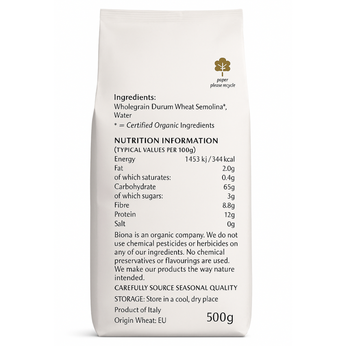 Biona Organic Wholewheat Penne Pasta 500g