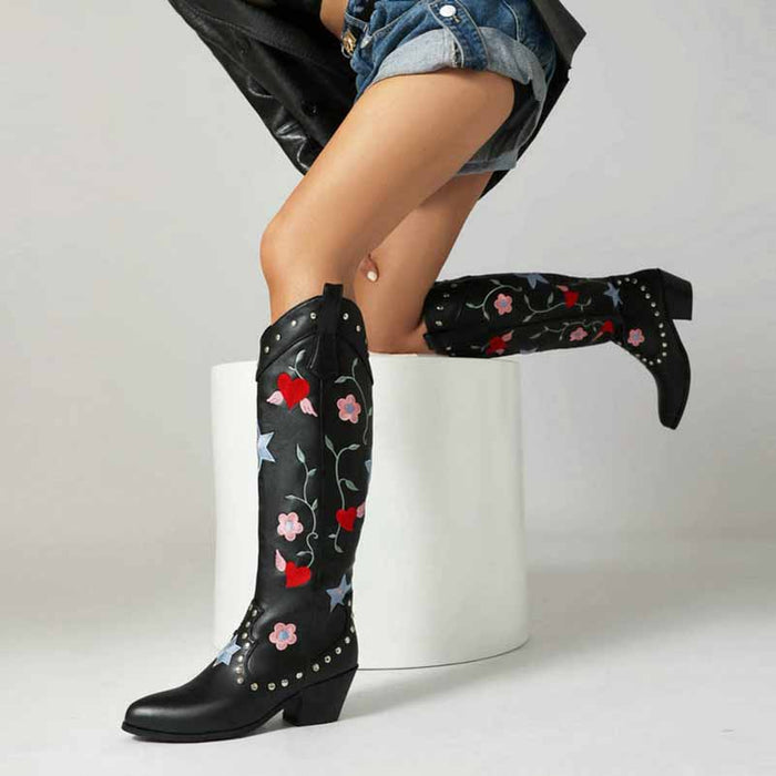 Black Cowboy Embroidery Boots for Women Chunky Knee High Cowgirl Boots