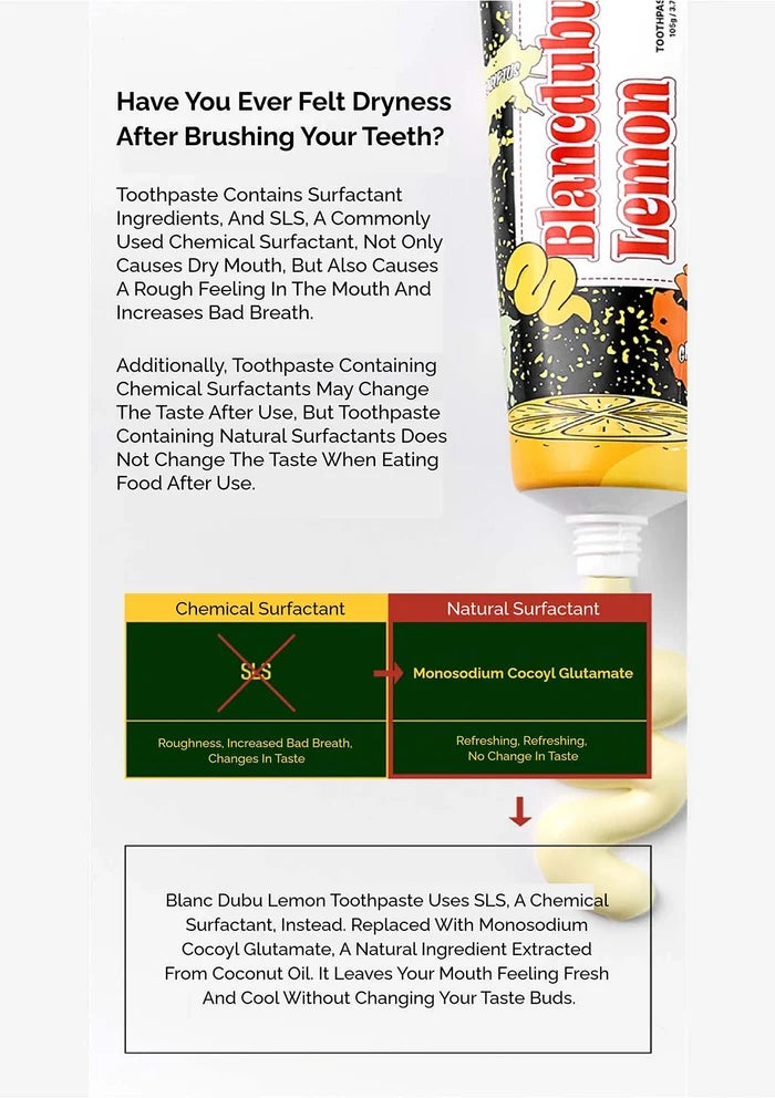 Advertisement for Blanc Dubu Lemon Toothpaste explaining the difference between chemical and natural surfactants.