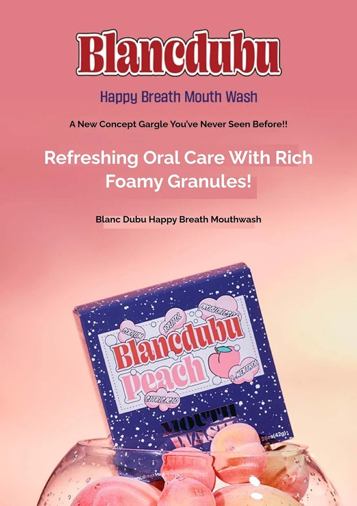 Blancdubu Happy Breath Mouthwash packaging with peach flavor on a pink background