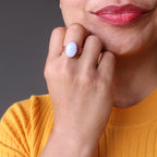 sheila of satin crystals wearing a blue lace agate oval copper adjustable ring