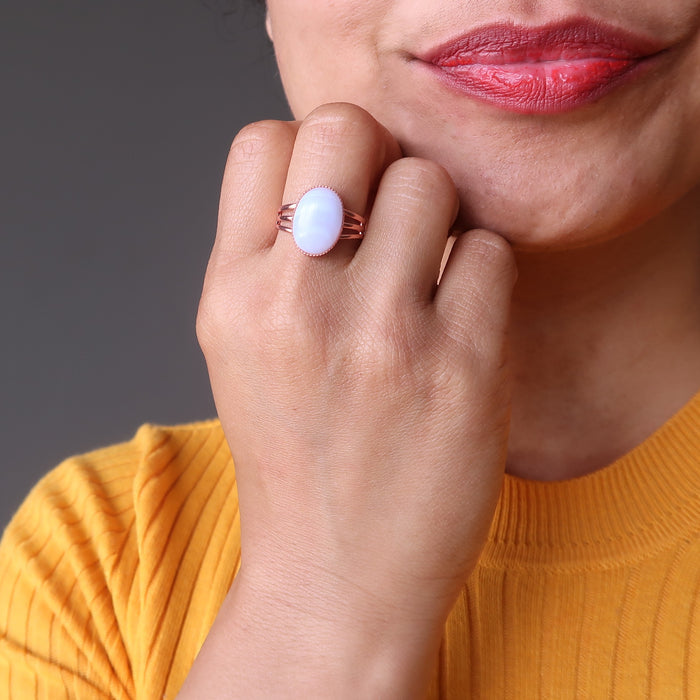 sheila of satin crystals wearing a blue lace agate oval copper adjustable ring