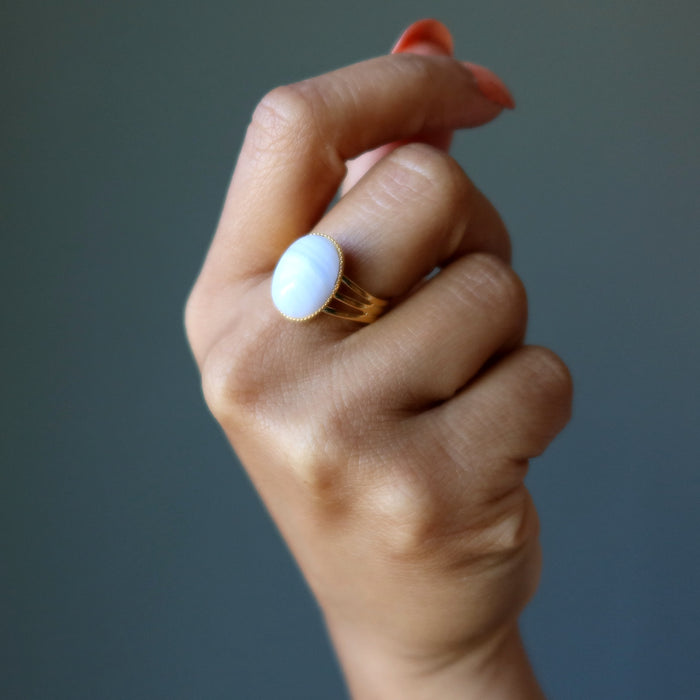 hand wearing blue lace agate oval in gold tone adjustable ring