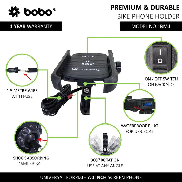 BOBO BM1 Mobile Holder with Waterproof USB Port and Power Switch
BOBO Motorcycle Phone Mount with Charging and Rotating Bracket