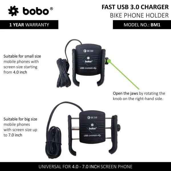 BOBO motorcycle mobile holder with charging port and adjustable viewing angle