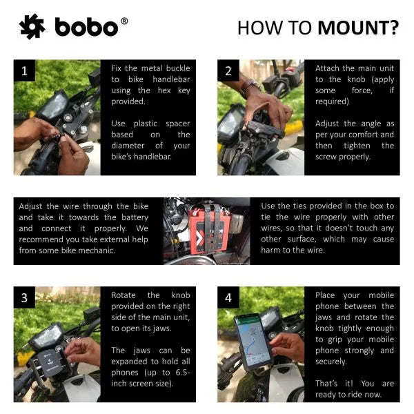 BOBO motorcycle mobile holder with charging port and adjustable viewing angle