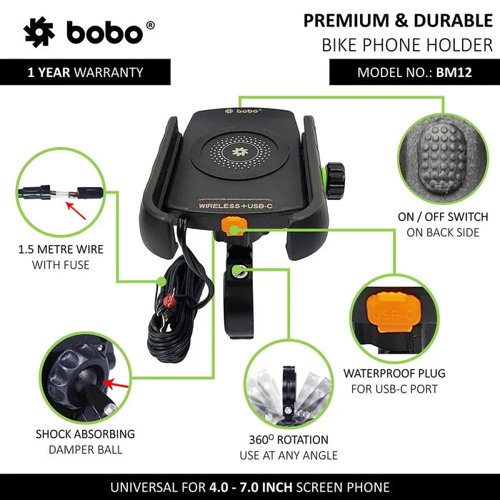 BOBO BM12 15W Wireless Charger Mount
BOBO BM12 Wireless Charging Motorcycle Phone Mount